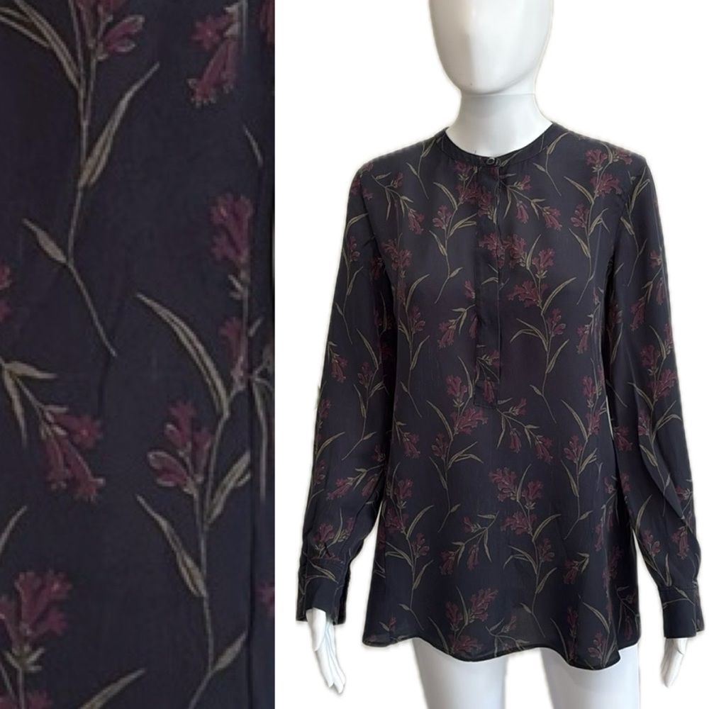 Theory 100% Silk Tunic Blouse Womens Size M Black Floral Long Sleeve 1/2 Placket